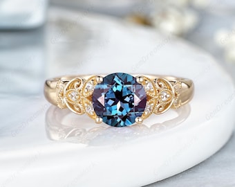 7mm Round Alexandrite Engagement Ring Yellow Gold Butterfly Wedding Ring Milgrain Color Changing Alexandrite Women Anniversary Ring Gifts
