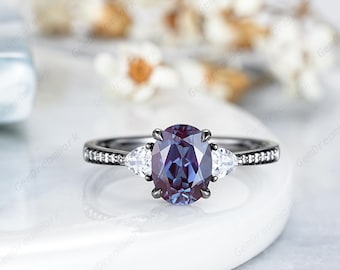 6x8mm Oval Shaped Alexandrite Engagement Ring Gothic Black Gold Alexandrite Anniversary Promise Ring Personalized Paved Wedding Promise Ring
