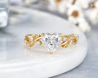 7mm Heart Cut Moissanite Engagement Ring, 14k Yellow Gold Leaf Branch Women Anniversary Rings Gift, Vintage Moissanite Her Wedding Ring
