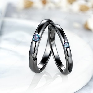 Juego de anillos de pareja de alejandrita minimalista, alianzas de boda góticas de oro negro para él y para ella, anillos de aniversario personalizados para mujeres y hombres
