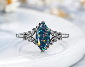 5x10mm Marquise Black Fire Opal Engagement Ring Custom Split Shank Wedding Ring Black Gold Gothic Gold Opal Women Anniversary Jewelry Gift
