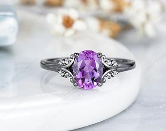 6x8mm Oval Shape Amethyst Wedding Ring Gothic Black Gold Purple Amethyst Anniversary Jewelry Gift Moissanite Cluster Promise Engagement Ring