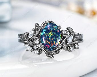 6x8mm Oval Shaped Black Fire Opal Engagement Ring Set Black Gold Leaf Nature Inspired Women Promise Ring Gothic Her Anniversary Jewelry Gift