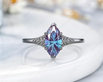 5x10mm Marquise Cut Fireworks Cut Alexandrite Engagement Ring Solitaire Alexandrite Wedding Ring Gothic Black Gold Rings For Women Gifts