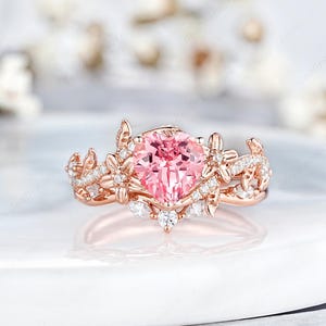 Heart Pink Sapphire Engagement Rings Set Custom Leaf Flower Wedding Ring Peach Sapphire Women Anniversary Rings Gift Promise Rings For Her