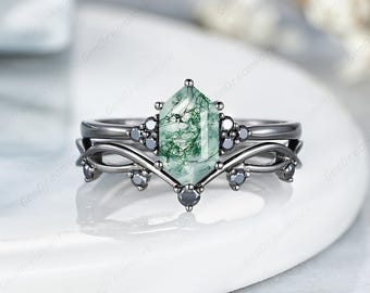 5x9mm Hexagon Moss Agate Engagement Rings Gothic Black Gold Nature Agate Anniversary Rings For Women Black Moissanite Cluster Wedding Ring