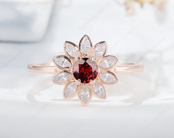 Unique Garnet Sunflower Ring, Vintage Rose Gold Round Garnet and Marquise Moissanite Floral Wedding Ring, Garnet Engagement Promise Ring