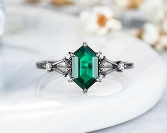 5x9mm Elongated Hexagon Emerald Engagement Ring Black Gold Split Shank Wedding Ring Gothic Emerald Women Anniversary Ring Her Promise Rings
