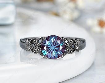 6mm Round Shaped Fireworks Alexandrite Engagement Ring, Gothic Black Gold Custom Milgrain Anniversary Jewelry, June Birthstone Wedding Ring