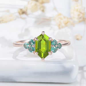 Vintage Hexagon Cut Peridot and Emerald Engagement Ring, Unique Elongated Geometrical Stones Rose Gold Promise Ring Antique Wedding Ring