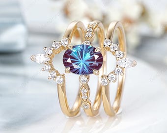 6x8mm Oval Firework Alexandrite Engagement Ring Fantasy Cut Alexandrite Wedding Rings For Women Vintage Curved Moissanite Enhancer Ring Gift
