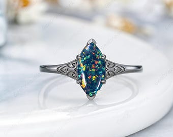 5x10mm Marquise Cut Black Opal Engagement Ring Solitaire Wedding Ring Fire Opal Anniversary Rings Gift Minimalist Gothic Women Promise Ring