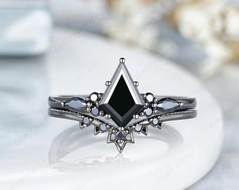 6x9mm Kite Cut Black Moissanite Engagement Ring Set Gothic Black Gold Anniversary Rings For Women Her Minimalist Wedding Promise Rings Gift