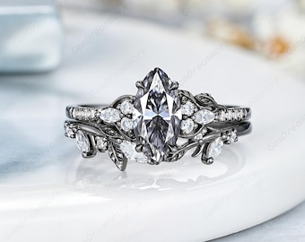 Marquise Cut Gray Moissanite Engagement Ring Set Gothic Black Gold Moissanite Cluster Wedding Rings Leaf Inspired Women Anniversary Rings
