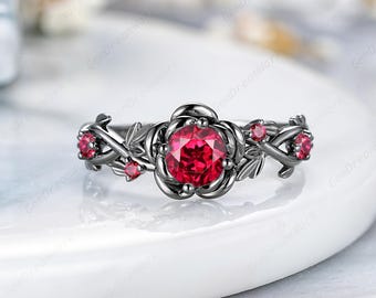 Round Ruby Engagement Ring Black Gold Rose Flower Wedding Rings For Women Gifts Leaf Branch Inspired Anniversary Ring Red Ruby Promise Ring