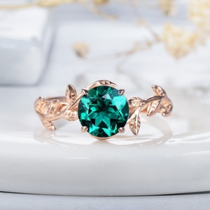 Vintage Round Emerald Leaf Engagement Ring Unique Rose Gold /Silver Twist Branch Emerald Solitaire Ring, Wedding Promise Anniversary Ring