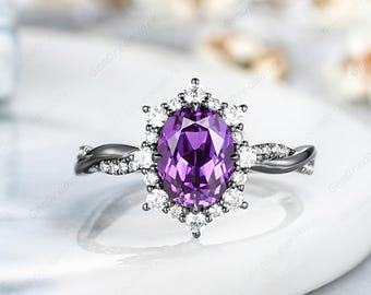 6x8mm Oval Shaped Purple Sapphire Engagement Ring Vintage Moissanite Halo Wedding Ring Twisted Violet Sapphire Anniversary Rings For Women
