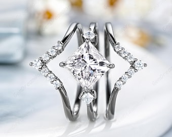 7mm Princess Cut Moissanite Engagement Ring Set Vintage Moissanite Enhancer Wedding Rings Gothic Black Gold Women Anniversary Promise Ring
