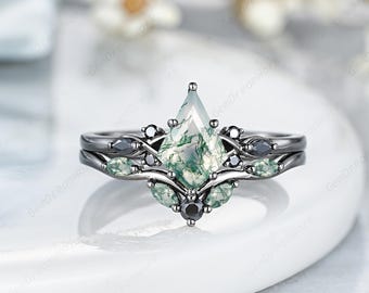 6x9mm Kite Cut Moss Agate Engagement Ring Set Black Gold Cluster Wedding Rings For Women Natural Agate Anniversary Promise Rings Her Gift