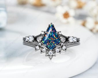 6x9mm Kite Cut Black Opal Engagement Ring Set Gothic Black Gold Milgrian Wedding Ring Split Shank Fire Opal Anniversary Rings For Women Gift