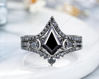6x9mm Kite Cut Black Moissanite Engagement Rings Set 3pcs Black Gold Gothic Wedding Rings For Women Black Moon Anniversary Rings Gifts