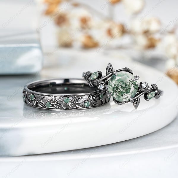 Natural Moss Agate Couple Rings Set Leaf Branch Nature Inspired Wedding Rings For Women And Men Custom His And Hers Promise Rings Mens Ring