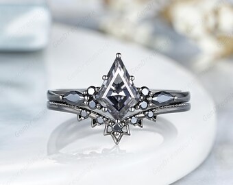 Kite Gray Moissanite Engagement Ring Set Black Gold Milgrian Wedding Ring Black Moissanite Cluster Promise Ring Grey Moissanite Women Rings