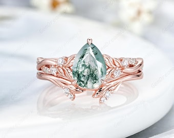 Pear Shaped Moss Agate Engagement Ring Set Vintage Leaf Nature Inspired Wedding Ring Solid Gold Nature Agate Anniversary Rings For Women