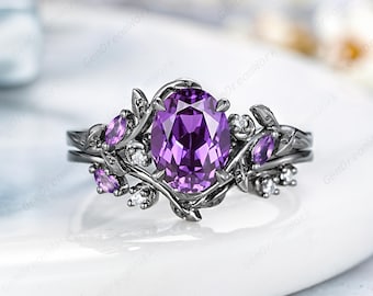 Oval Shaped Purple Sapphire Engagement Ring Set Leaf Branch Nature Inspired Wedding Ring Black Gold Gothic Amethyst Women Anniversary Rings