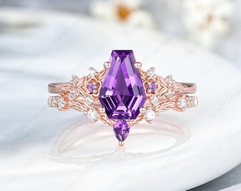 Coffin Cut Amethyst Wedding Rings Set Leaf Floral Nature Inspired Amethyst Engagement Rings Solid Gold Promise Ring Women Anniversary Gifts