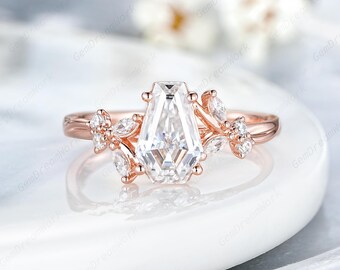 6x9mm Coffin Cut Moissanite Engagement Ring 14k Rose Gold Moissanite Cluster Wedding Rings Vintage Anniversary Promise Rings For Women Gifts