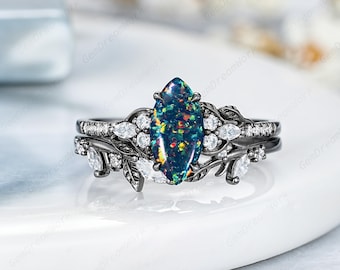 5x10mm Marquise Cut Black Opal Engagement Ring Set Black Gold Leaf Nature Inspired Anniversary Ring Gothic Fire Opal Wedding Rings For Women