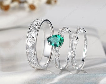 3-teiliges Smaragd-Verlobungsring-Set für Sie und Ihn, birnenförmiger Smaragd-Ehering, 14-karätiger Weißgold-Zweig-Verlobungsring, schlichter Herrenring