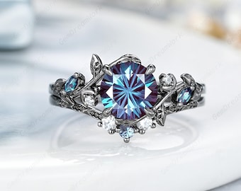 7mm Round Fireworks Cut Alexandrite Engagement Ring Set Black Gold Gothic Sailor Moon Wedding Ring Leaf Branch Anniversary Rings For Women