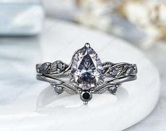 6x8mm Pear Gray Moissanite Engagement Ring Set Gothic Black Gold Grey Moissanite Wedding Ring Leaf Nature Inspired Women Anniversary Ring