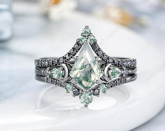 Kite Cut Moss Agate Engagement Ring Set 3pcs Nature Agate Enhancer Wedding Rings Black Gold Sailor Moon Anniversary Rings For Women Gift