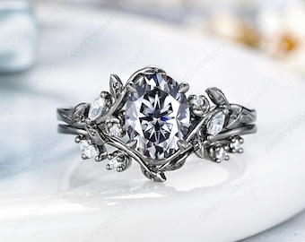 6x8mm Oval Shaped Gray Moissanite Engagement Ring Set Leaf Nature Inspired Grey Moissanite Wedding Ring Gothic Black Gold Women Promise Ring