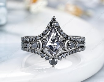 3pcs Kite Cut Gray Moissanite Engagement Ring Set Gothic Black Moissanite Enhancer Wedding Rings Black Gold Sailor Moon Women Promise Rings