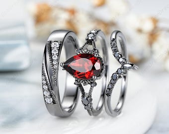 Black Gold Pear Garnet Couple Ring Set Unique Milgrain Wedding Rings For Women And Men Gothic His And Hers Anniversary Engagement Rings Gift