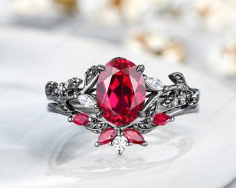 6x8mm Oval Ruby Wedding Rings Gothic Black Gold Ruby Engagement Ring Set Nature Inspired Leaf Floral Promise Ring For Women Anniversary Gift