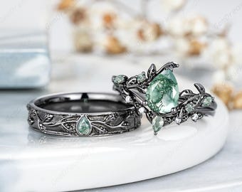 Gothic Black Gold Moss Agate Wedding Rings For Women And Men Leaf Inspired Engagement Rings His And Hers Wedding Bands Custom Couple Rings