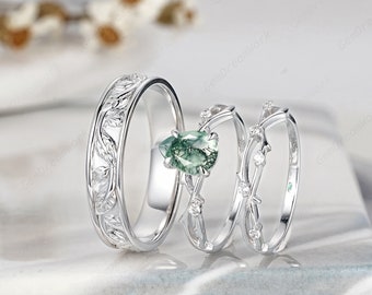 3pcs His and Hers Moss Agate Engagement Ring Set, Moss Agate Wedding Ring, 14K White Gold Twig Branch Couple Promise Ring, Plain Men's Band