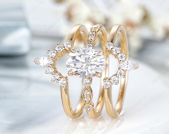 3pcs Oval Shaped Moissanite Engagement Ring Set Vintage Moissanite Enhancer Wedding Rings 14k Gold Women Anniversary Promise Ring Bridal Set