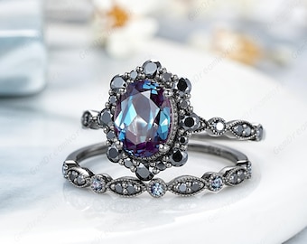 6x8mm Oval Shaped Alexandrite Engagement Ring Set Black Moissanite Halo Wedding Ring Gothic Black Gold Half Eternity Promise Rings for Women