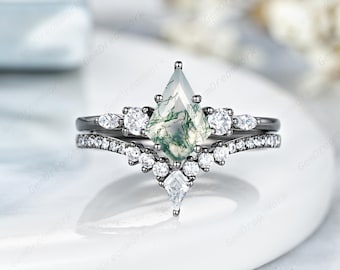 6x9mm Kite Moss Agate Engagement Ring Set Gothic Black Gold Wedding Ring Moissanite Cluster Anniversary Promise Rings For Women Bridal Set