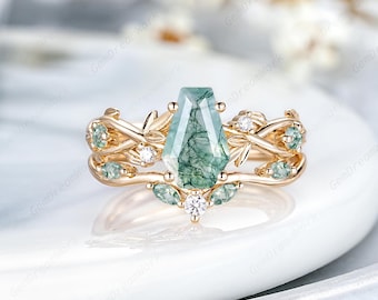 Nature Coffin Cut Moss Agate Wedding Ring Set Antique Yellow Gold Leaf Branch Anniversary Rings For Women Vintage Agate Engagement Ring Gift