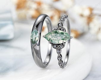 Moss Agate Couple Rings Gothic Black Gold Celtic Knot Wedding Rings For Women And Men Solitaire Mens Wedding Band Norse Viking Promise Ring