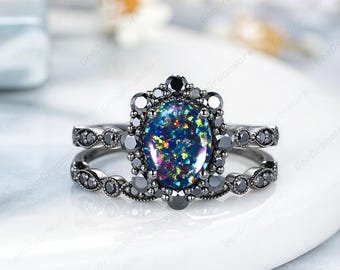 Oval Black Fire Opal Engagement Ring Set Black Moissanite Halo Wedding Ring Black Gold Opal Anniversary Rings For Women Half Eternity Rings