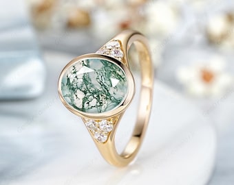 8x10mm Oval Shaped  Moss Agate Engagement Ring Unique Bezel Wedding Rings 14k Rose Gold Moissanite Cluster Anniversary Promise Rings Gifts