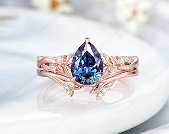 6x8mm Pear Shaped Alexandrite Engagement Ring Set 14k Solid Gold Leaf Nature Inspired Wedding Rings For Women June Birthstone Promise Rings